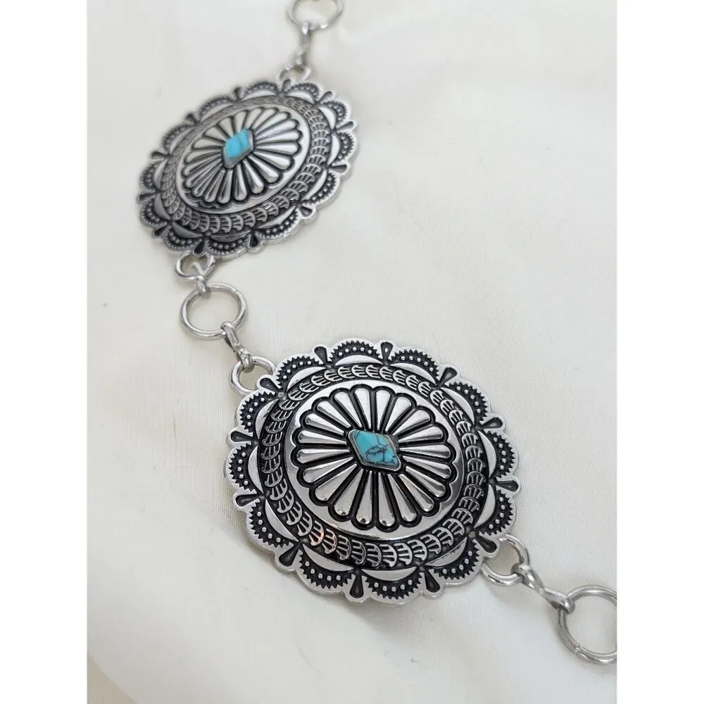 Y2K Boho Layered Silver Turquoise Medallion Detail Chain Belt OS Fits Most